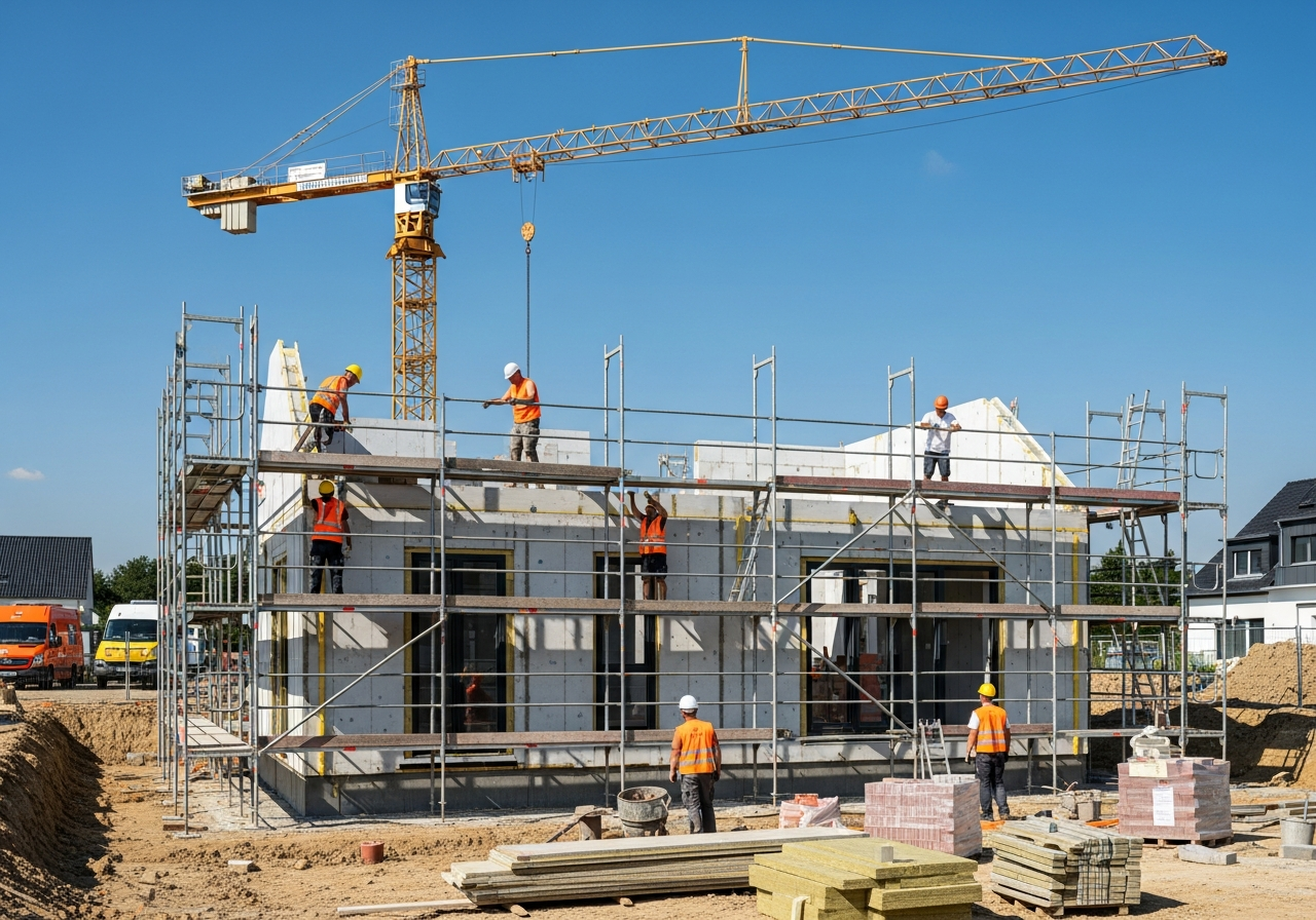 Bauherr prüft die KfW 40 Checkliste auf der Baustelle eines Effizienzhaus 40