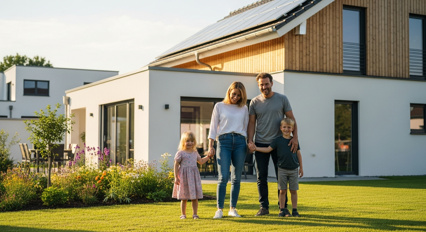 Familie vor ihrem neuen energieeffizienten Zuhause