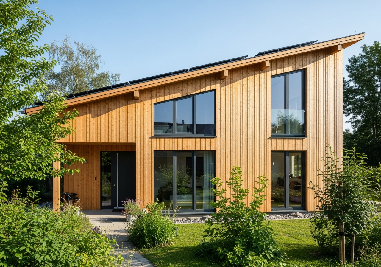 Modernes KfW 40 Holzhaus mit Holzfassade und großen Fenstern