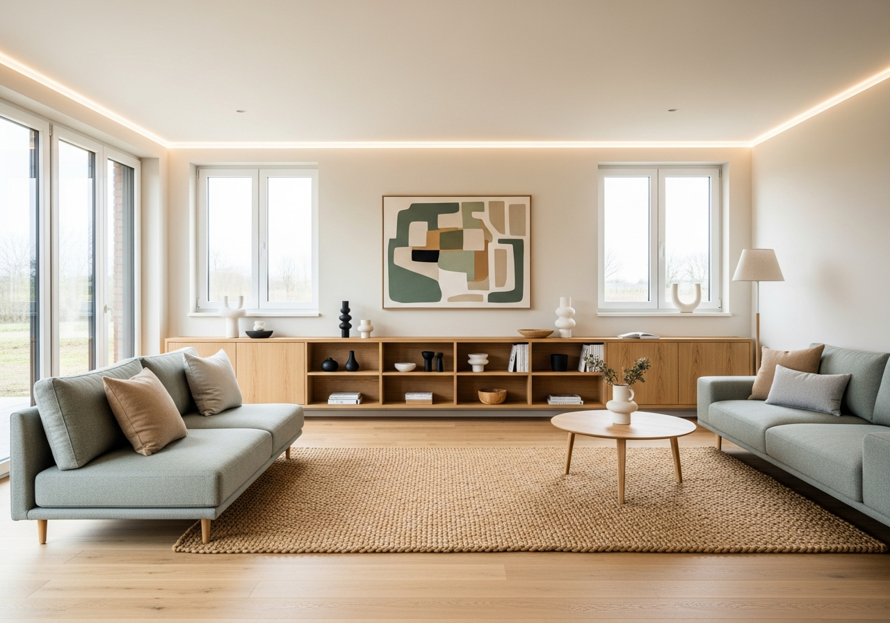 Helles, modernes Wohnzimmer in einem Effizienzhaus 40